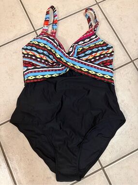 Modlily Black One-Piece Swimsuit with Colorful Striped Top Size Large